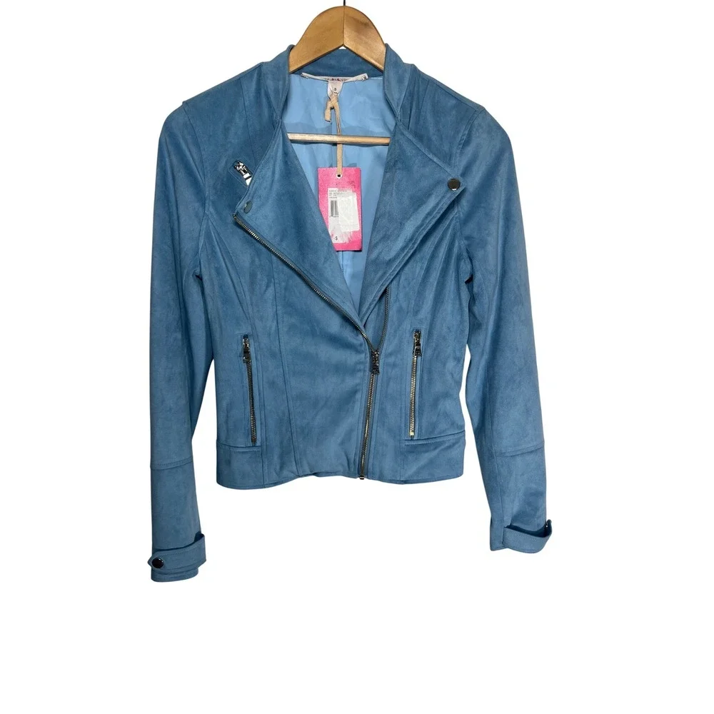 Chelsea & Violet Moto Jacket Faux Suede Small Blue Asymmetrical Zip Pocket NWT - Picture 1 of 11